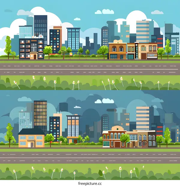 Cityscape Illustration with Buildings and Trees