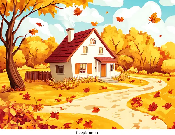 Autumn Landscape with White House and Winding Path