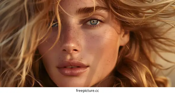 portrait of a beautiful woman with freckles and blue eyes