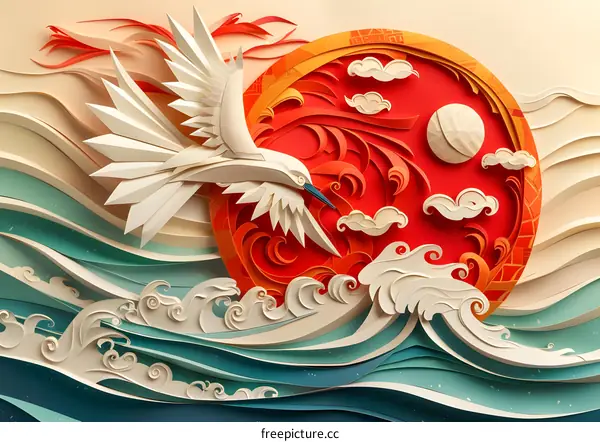 Paper Cut Art of a Crane Flying Over Waves at Sunset