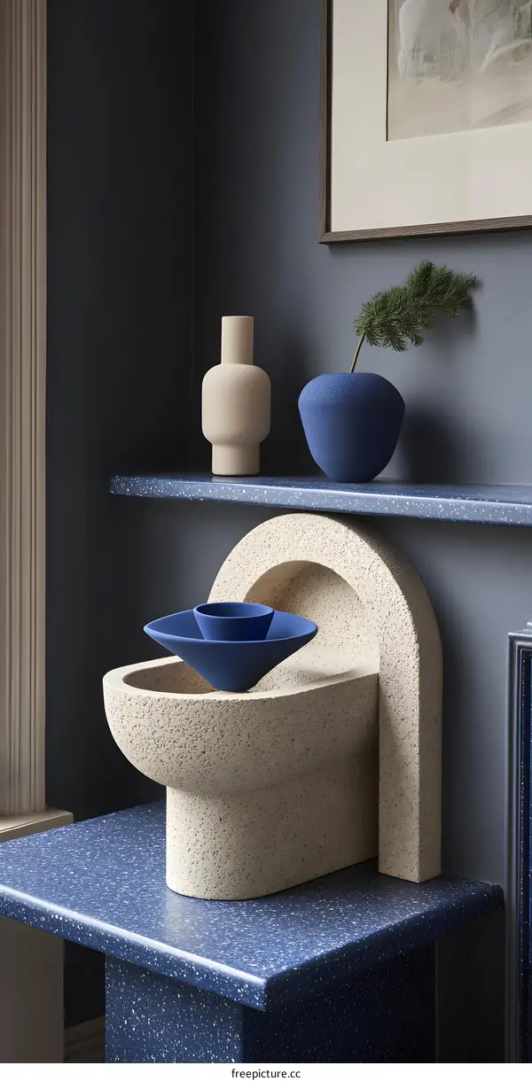 Blue and Beige Ceramic Decor on a Blue Counter