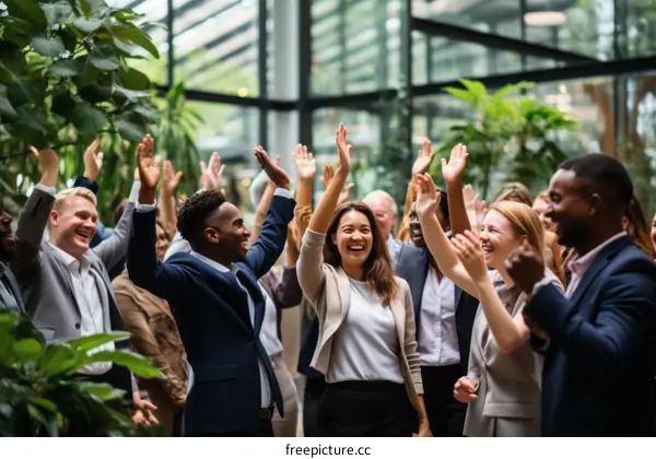 Group of diverse business professionals celebrating success in modern office