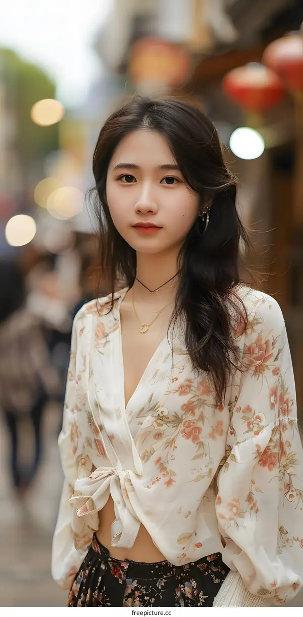 Young Asian Woman in Floral Shirt Posing in Urban Setting