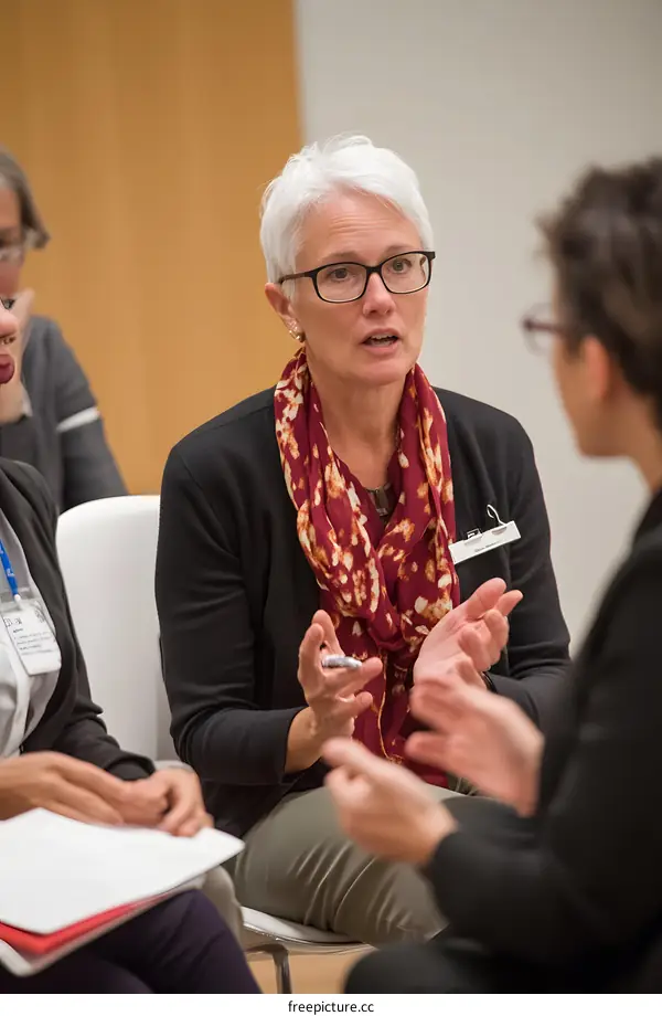 Woman in Black Blazer and Red Scarf Speaking at Meeting