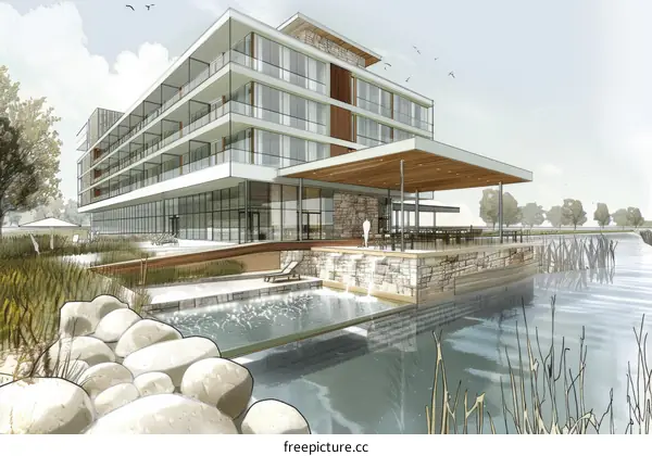Modern Hotel Architectural Rendering by the Water