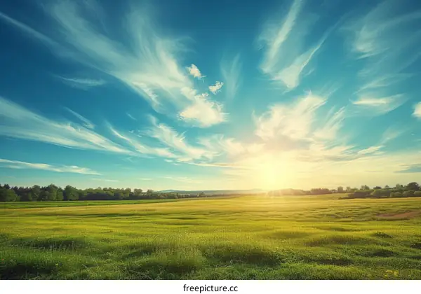 Green wheat field under the blue sky with white clouds