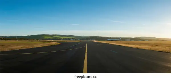 A clear view of an empty airport runway under a bright sky