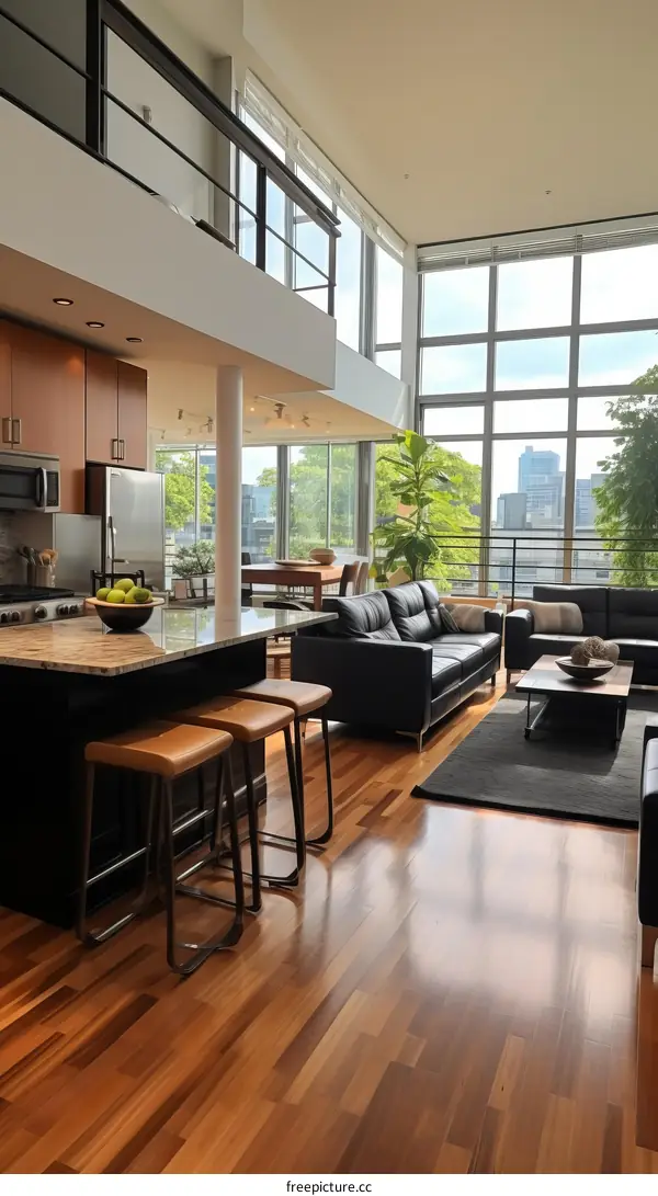 Modern apartment interior with open floor plan, large windows and hardwood floors