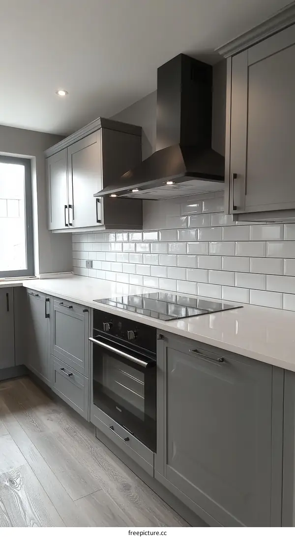 Modern Gray Kitchen Design with White Tiles