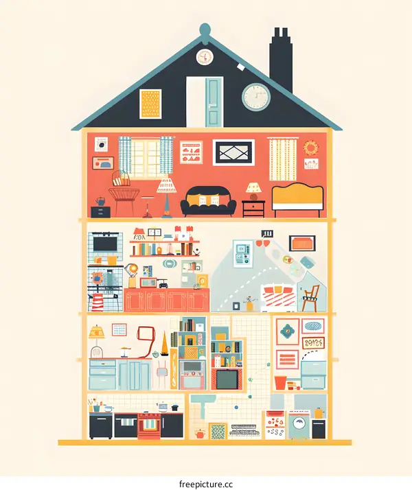 Interior Design Illustration of a House with Detailed Rooms