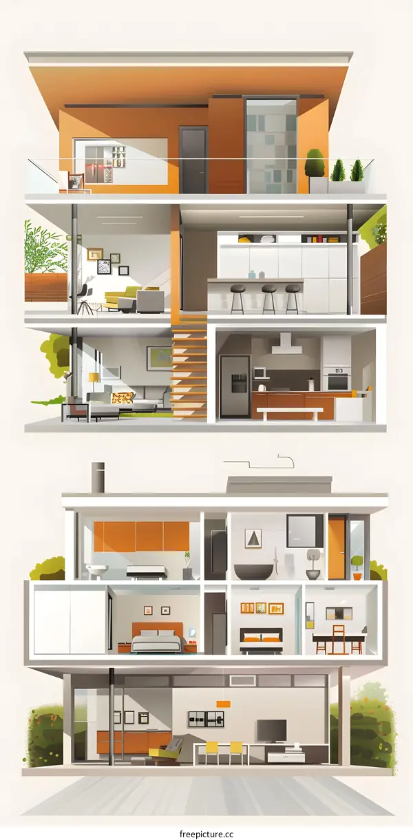 Modern Home Interior Design Cross Section Illustration
