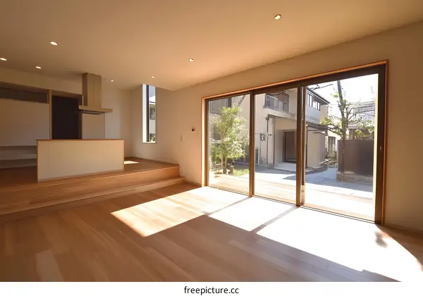 Modern Minimalist Living Room with Sliding Glass Doors Leading to Backyard