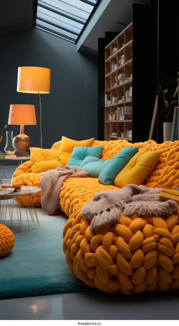 A modern living room with a large orange sectional sofa