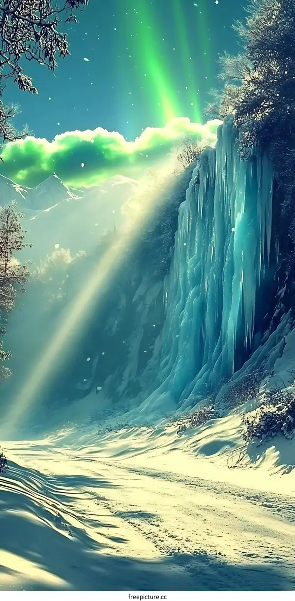 Winter Wonderland with Northern Lights and Frozen Waterfall