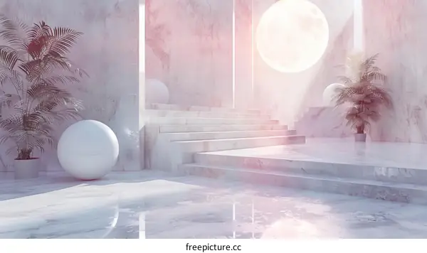 Futuristic Interior Design with Geometric Shapes and Soft Hues