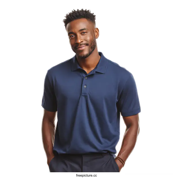 [Transparent Background PNG]African American Man in a Navy Polo Shirt
