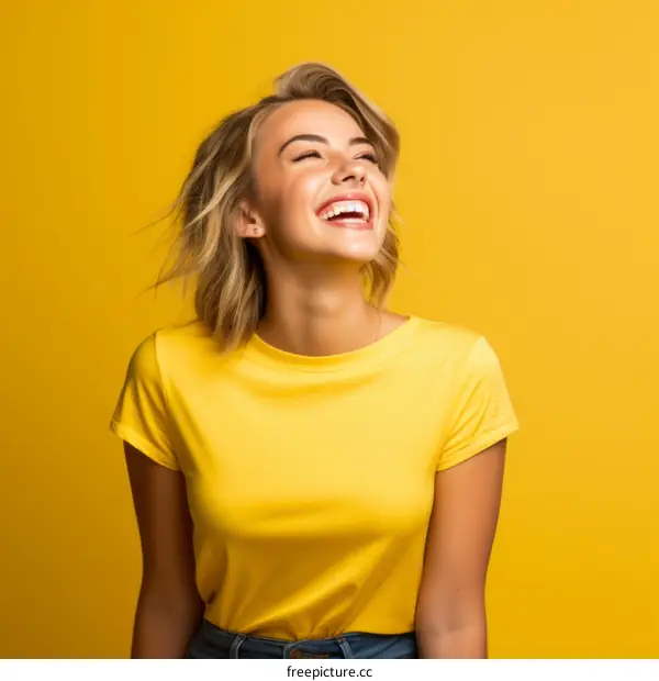 Blonde woman in yellow shirt laughing with closed eyes