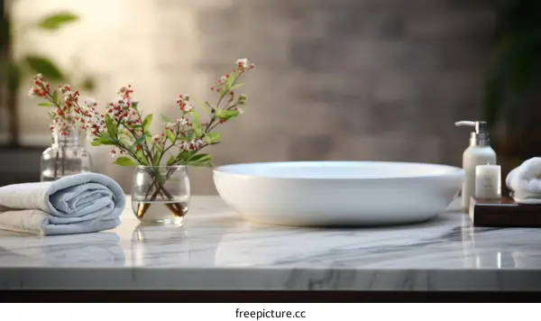 Bathroom interior with flowers and a sink