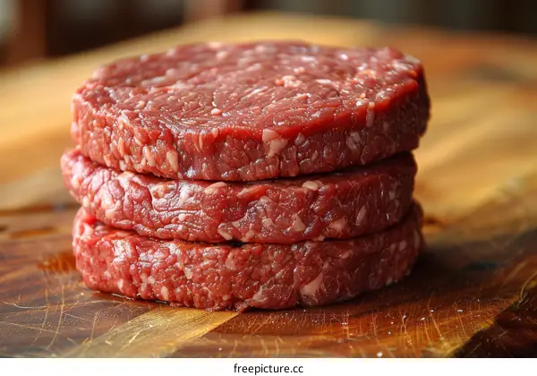 Three raw hamburger patties stacked on a wooden cutting board