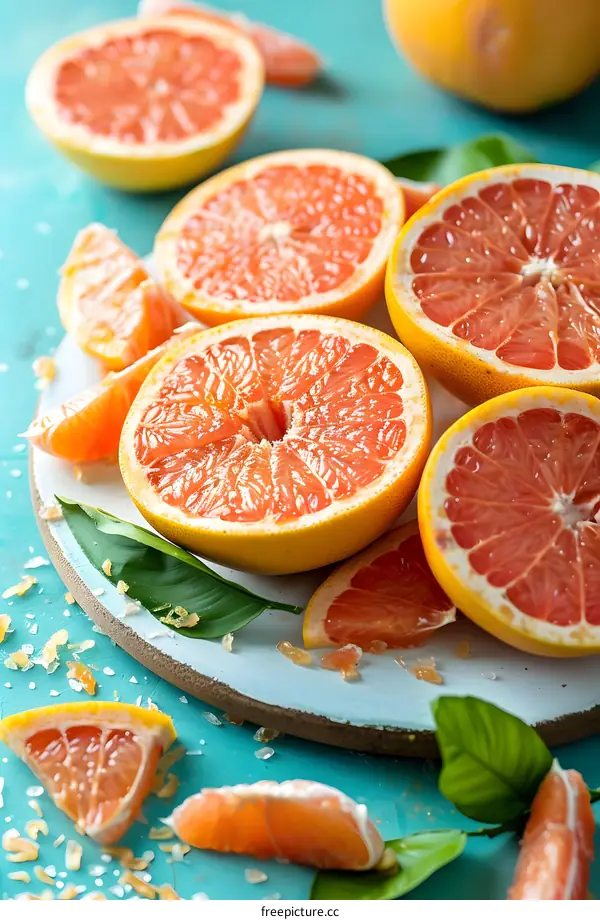 Fresh Ripe Grapefruit Slices With Green Leaves