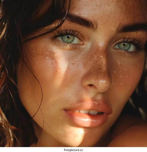 Close-up portrait of a beautiful young woman with freckles and green eyes