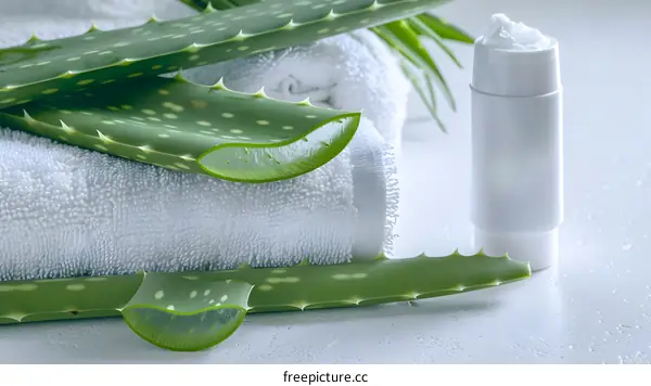 Aloe Vera Plant Leaves and Lotion on White Towel