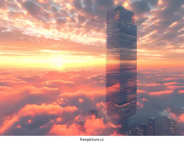 A skyscraper stands above the clouds with a beautiful sunset in the background