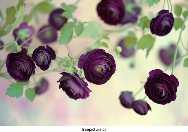 Close-up of purple ranunculus flowers with green leaves
