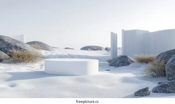 Minimalist White Product Display on Snowy Desert Landscape