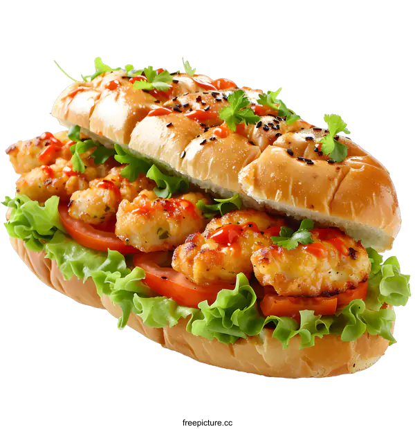 [Transparent Background PNG]Close Up of Delicious Shrimp Sub Sandwich with Lettuce and Tomato