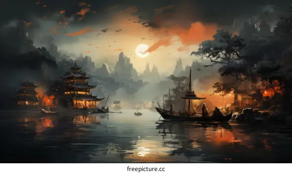 Oriental village on the river with boats and mountain scenery