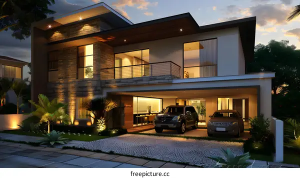 Modern House Exterior Design with Stone and Wood