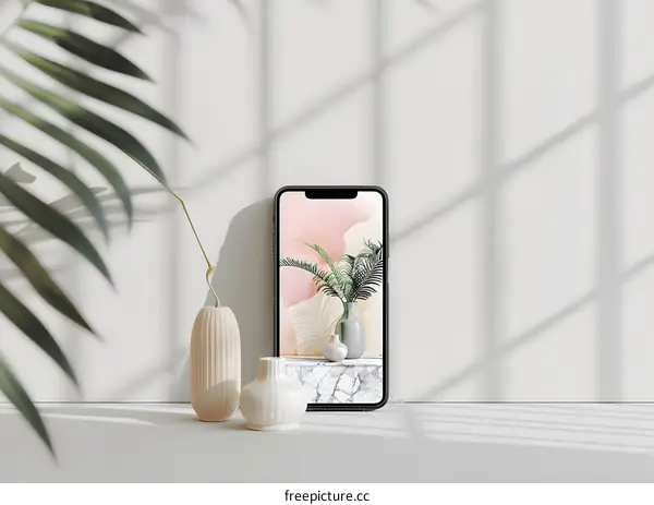 Minimalist Phone Mockup with Vases and Plant