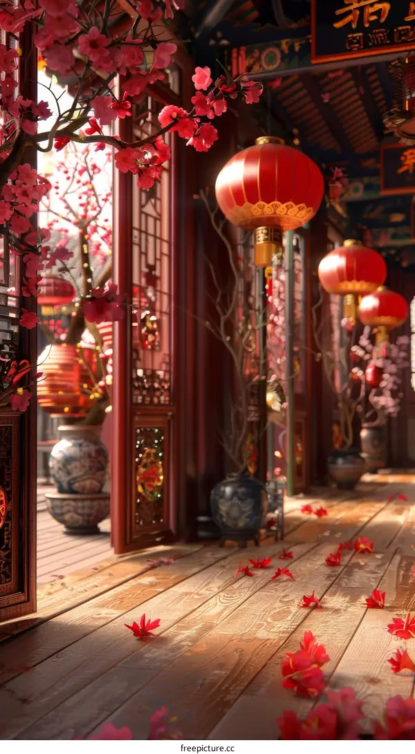 Traditional Chinese Courtyard with Red Lanterns and Pink Flowers
