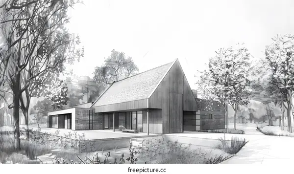 Pencil Sketch of Modern House with Trees
