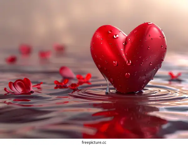 Red heart floating on water with red flower petals