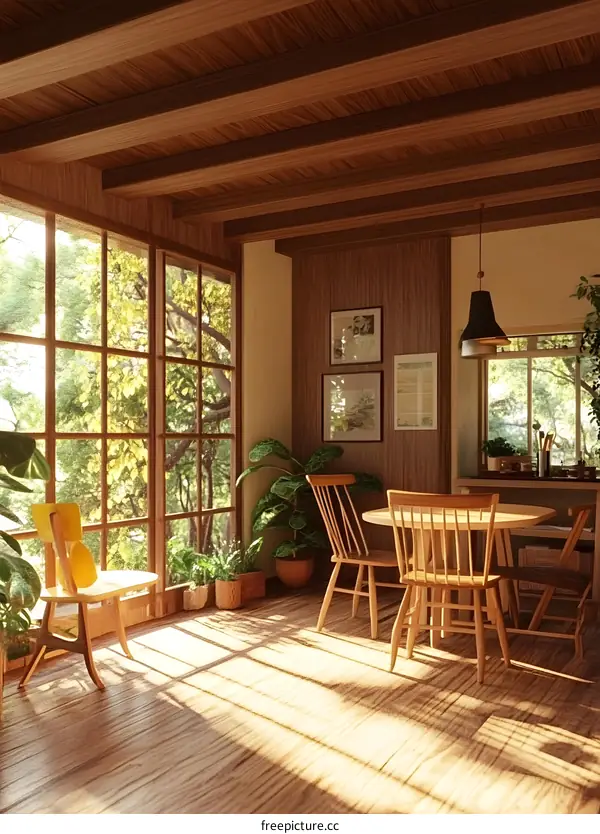 Wooden Interior Design with Large Windows and Sunbeams