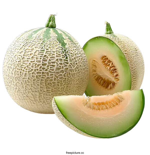 [Transparent Background PNG]A close-up image of a honeydew melon and a slice