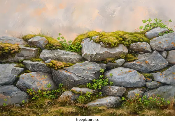 Stone Wall with Moss and Plants