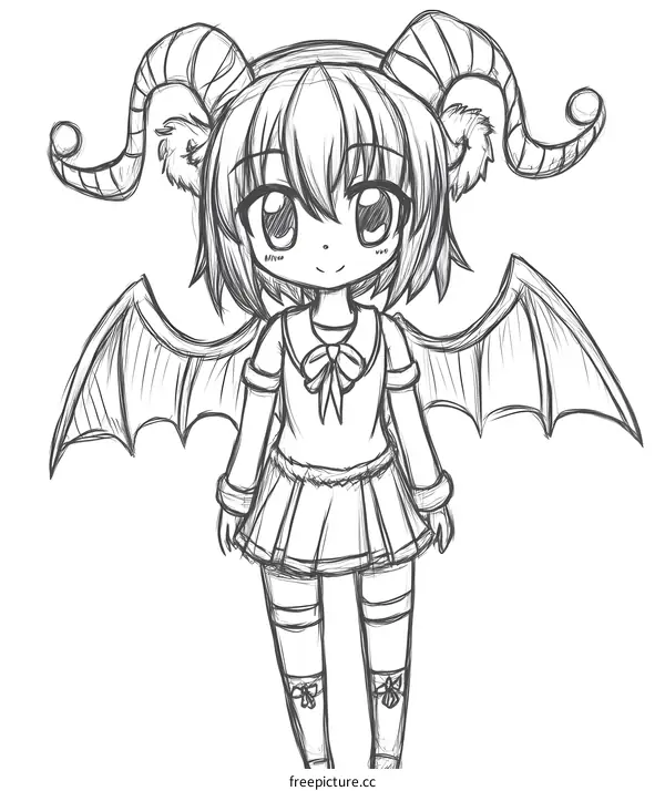 Cute Anime Girl With Wings and Horns