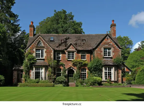 Traditional Brick House with Green Lawn