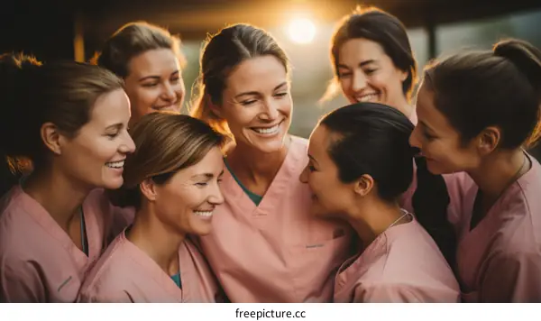 A group of female nurses smiling and laughing together