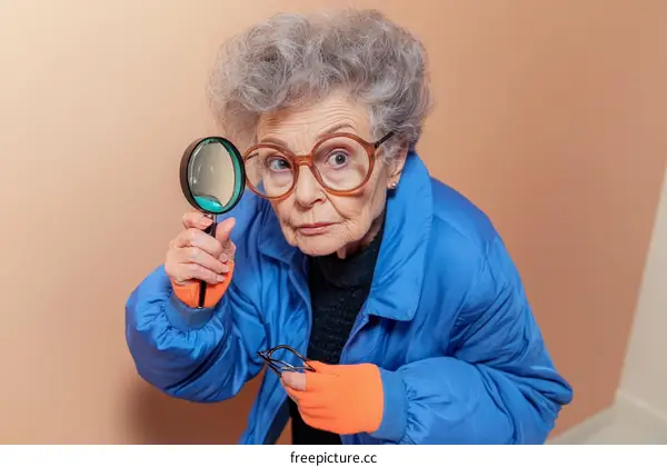 Elderly woman using a magnifying glass close-up portrait
