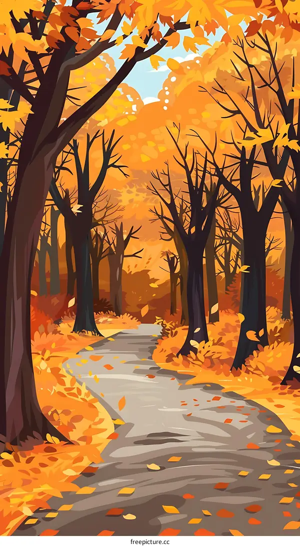 Autumn Forest Path with Yellow and Orange Leaves