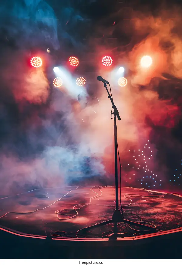 Microphone on Stage with Smoke and Lights