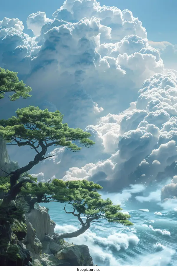 Fantasy landscape: A large tree grows on a cliff overlooking the ocean