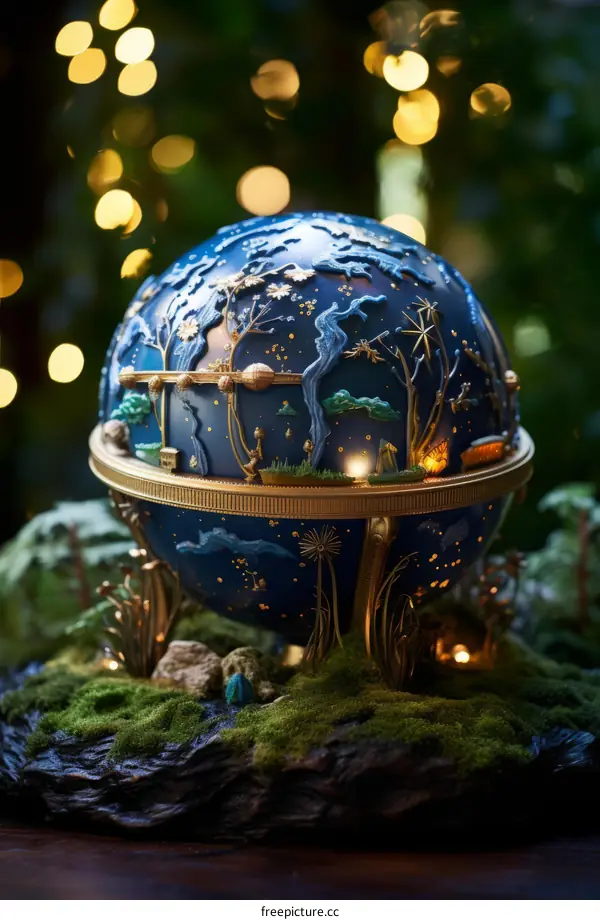 An intricate celestial globe rests on a vibrant bed of moss, enveloped in a celestial tapestry