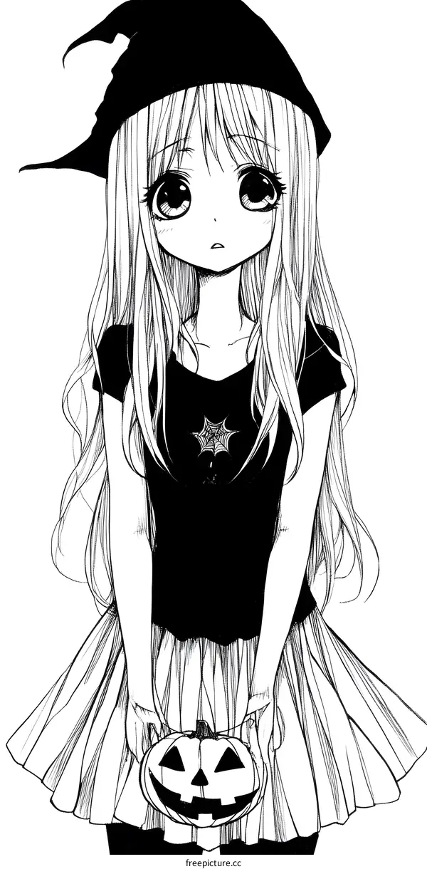 Black and White Illustration of a Girl in Witch Costume Holding a Pumpkin for Halloween