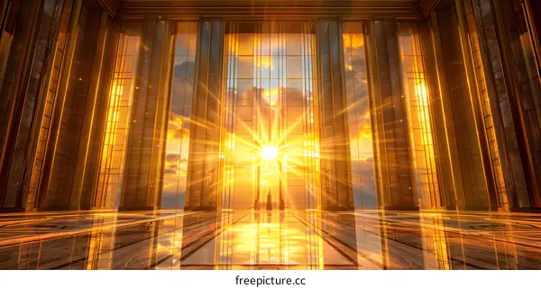 Golden Room With Sunrays Shining Through The Windows