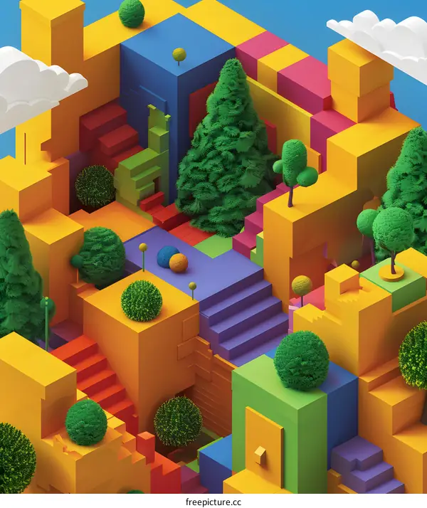 Abstract Geometric Landscape With Colorful Blocks And Trees